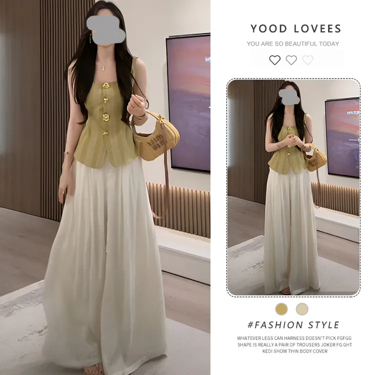 2025夏季新款简约条纹背心无袖上衣女夏季气质显瘦阔腿裤两件套女