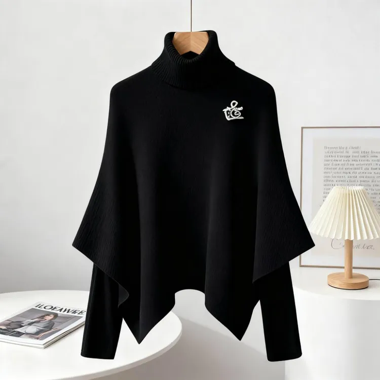 设计感高领黑色斗篷女秋冬2025年高领宽松不规则针织披肩外套斗篷