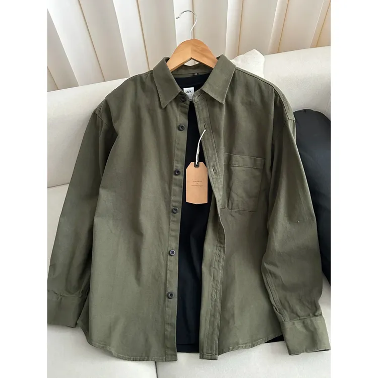 军绿色日系衬衫男春夏季少年感穿搭长袖叠穿衬衣cityboy情侣外套