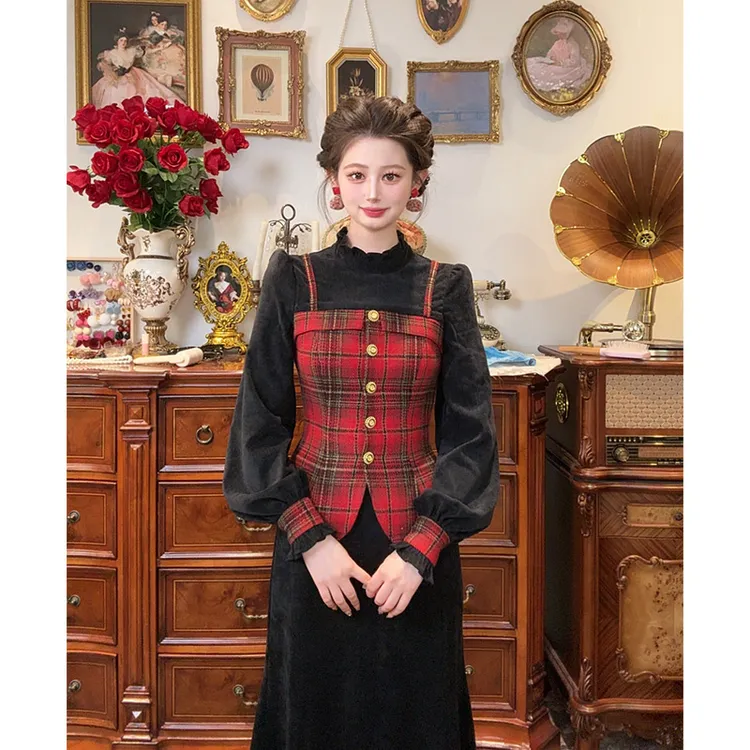 一生罗曼【礼物】法式复古设计感假两件格纹上衣长袖衬衫Y5691