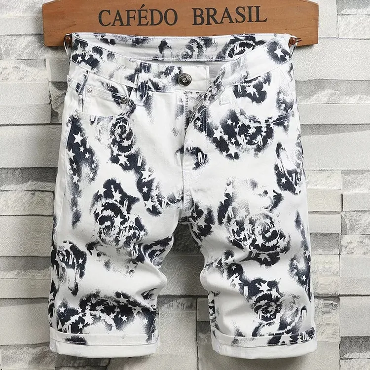 白色迷彩牛仔短裤男士夏季薄款2025新款休闲个性时尚五分七分中裤