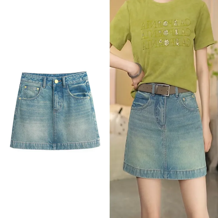 KK欧版 · 夏日柠檬· 奶绿色超薄款有内衬百搭高腰防走光牛仔裙裤