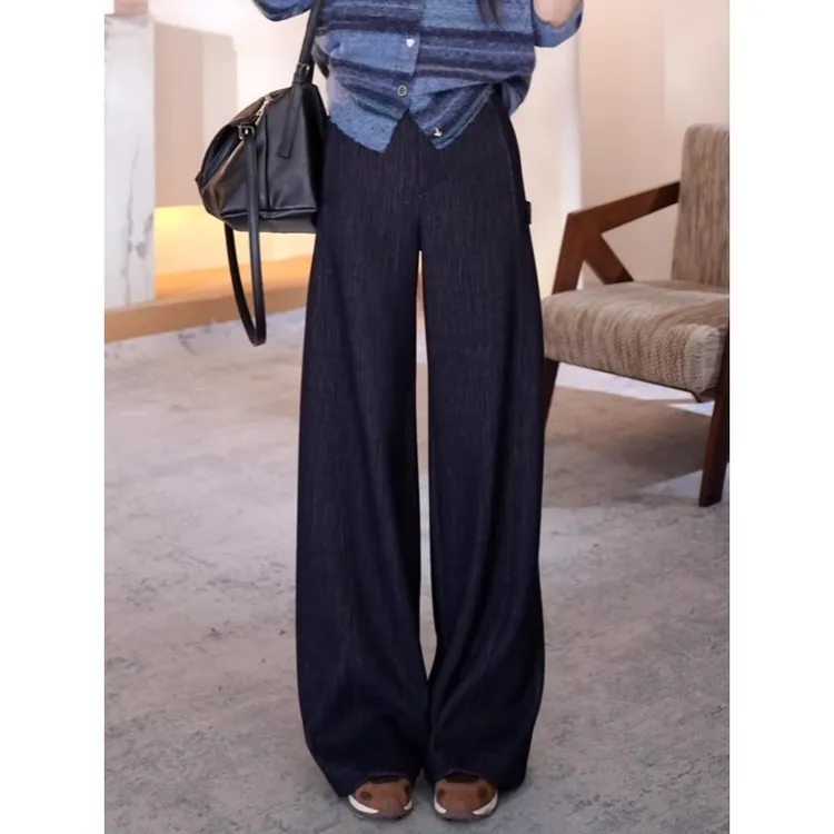 藏青色醋酸羊毛呢弯刀裤女秋冬加厚保暖呢子宽松休闲慵懒风香蕉裤