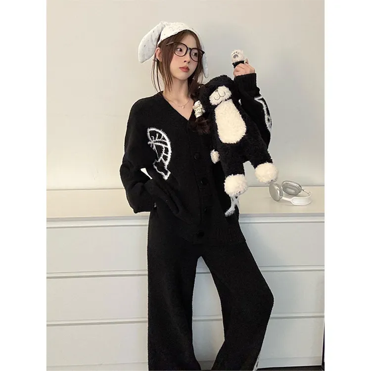 慵懒风黑色半边绒睡衣女秋冬新款针织开衫家居服宽松套装可外穿