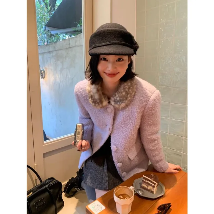 韩系休闲气质穿搭紫色毛呢外套女拼接翻领开衫高腰百褶半身裙套装