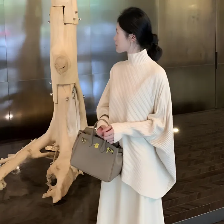 巨好看早秋穿搭一整套女2025新款高领蝙蝠袖毛衣+垂感半身裙套装