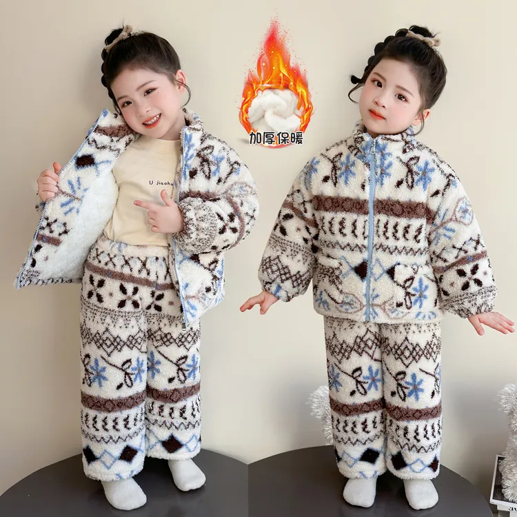 童装冬季新款女童睡衣套中小童加绒夹棉三层加厚家居服费尔岛套装