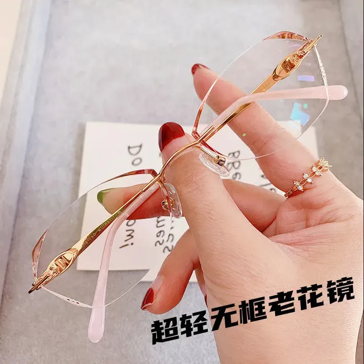 超轻水晶无框老花镜女50到60岁防蓝光中老年高清老光放大眼镜