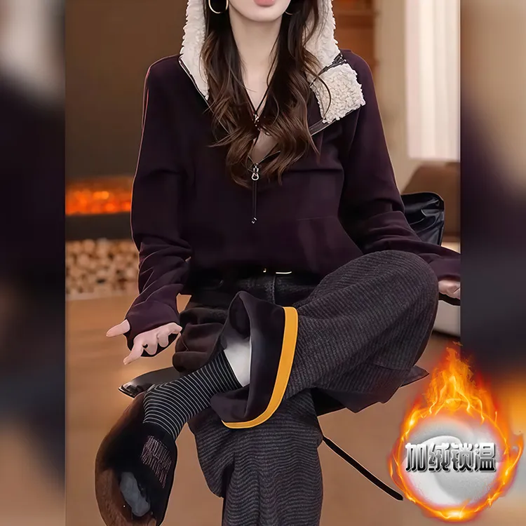 5915时尚新款宽松慵懒风卫衣秋冬加绒女装设计感连帽上衣