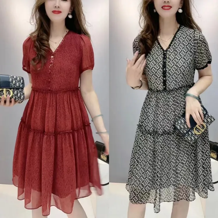 V领短袖拼接连衣裙收腰遮肉显瘦时尚洋气0951