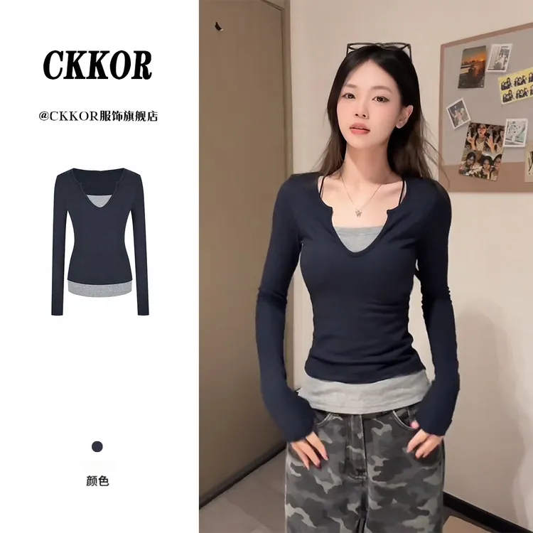 CKKOR韩系假两件修身长袖t恤女春秋新款时尚百搭拼接打底衫女内搭