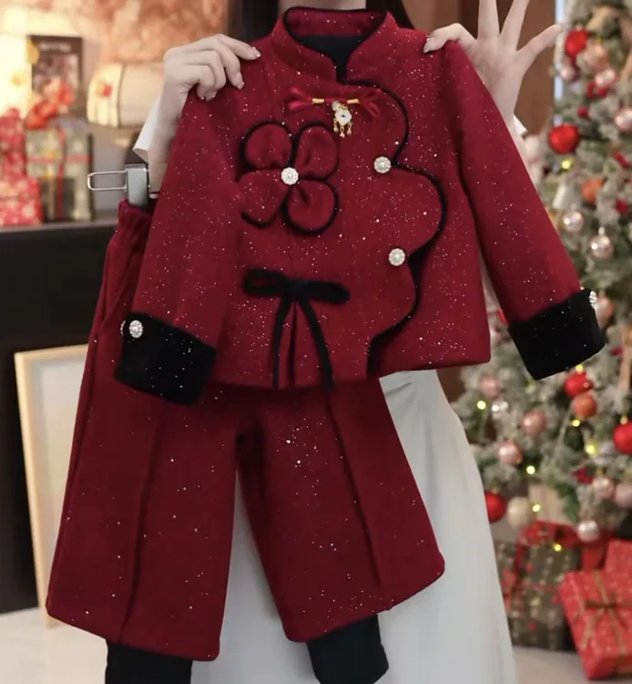 女童国风加绒套装冬季2025新款儿童时髦冬装女孩拜年服两件套洋气