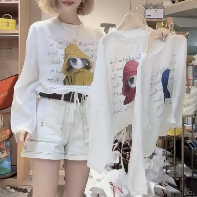 圆领常规款高街风印花长袖T恤韩版夏季复古风