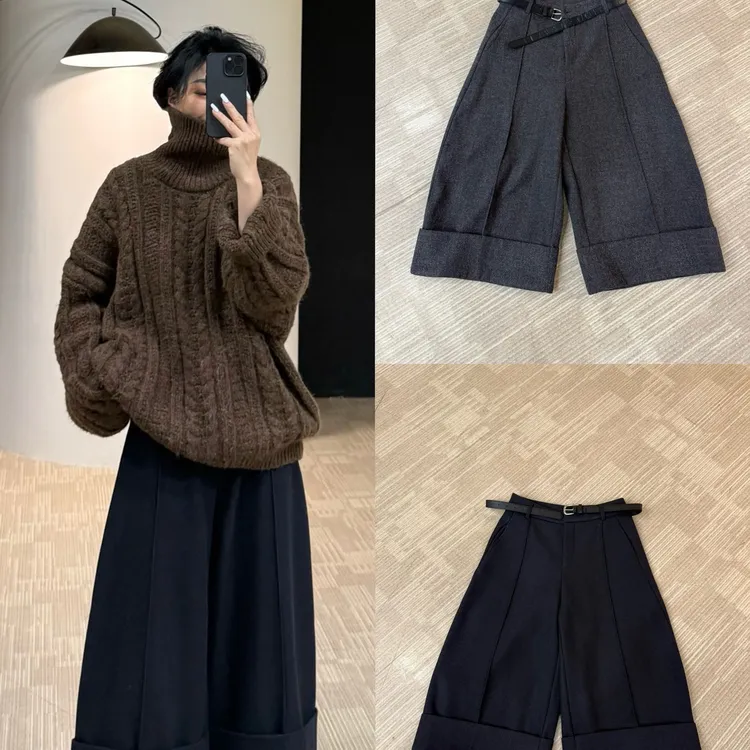 美丽定制极简风大女主翻边加绒八分裤160斤以内（送腰带）
