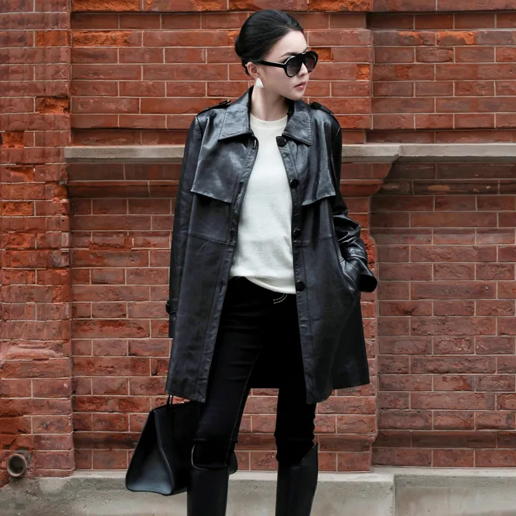 溶溶T【落日之境】RONGRONG100绵羊皮翻领极简风廓形皮风衣MYWJ5522