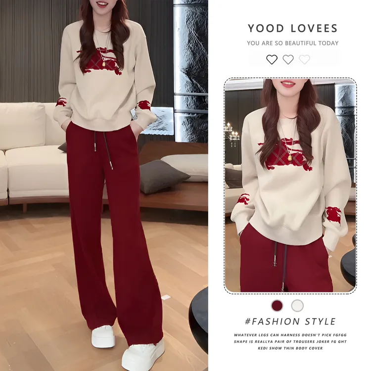 巨好看的休闲时尚套装女秋冬慵懒风洋气宽松加绒卫衣阔腿裤两件套