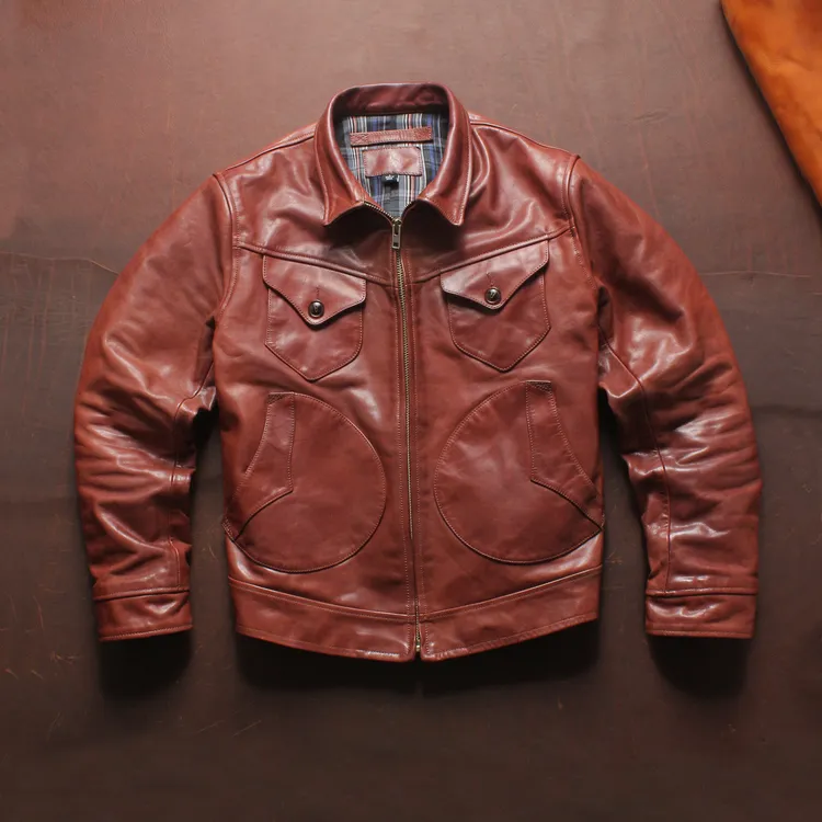 美式复古翻领头层牛皮真皮皮衣男门多萨油蜡棕色短款机车骑行夹克