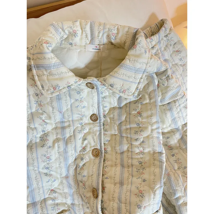 休闲条纹碎花夹棉冬季加厚保暖睡衣女韩版简约棉衣家居服两件套装