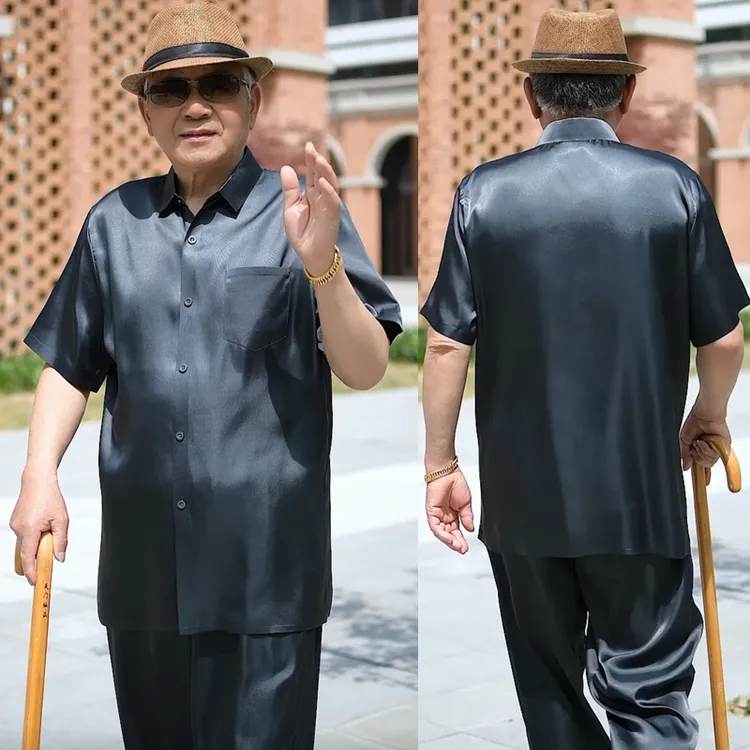 桑蚕丝套装夏季薄款爸爸装短袖长裤两件套中老年爷爷夏装丝滑飘逸