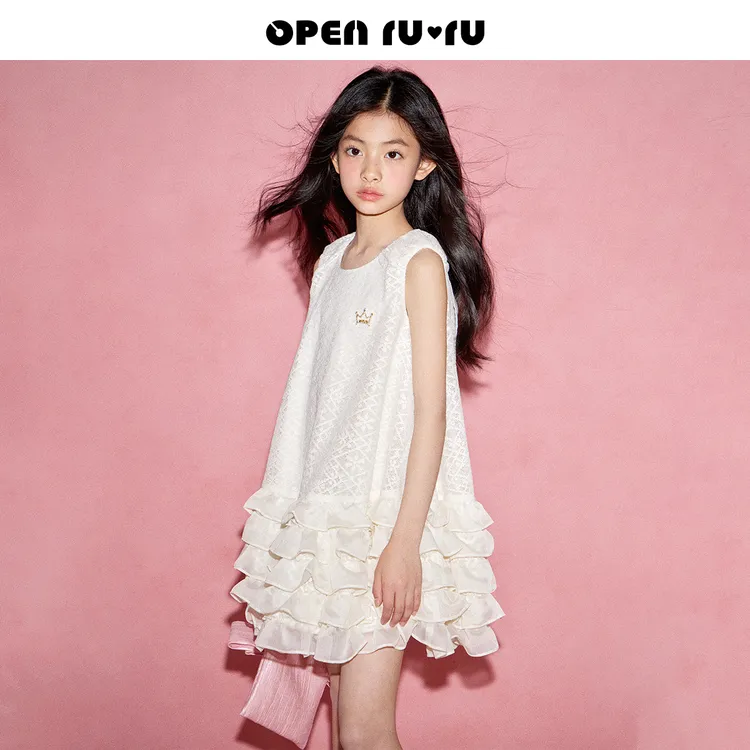 Opennunu女童皇冠木耳边连衣裙夏季儿童花边蛋糕裙度假派对小礼裙