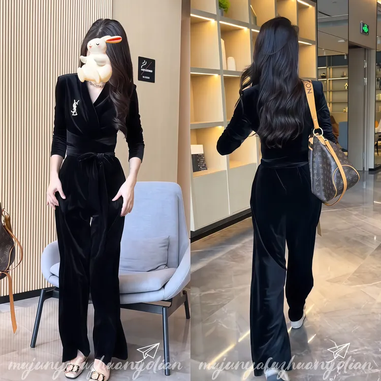 优雅轻奢风连体裤女2025年春季新款V领纯色系带长袖丝绒阔腿裤潮