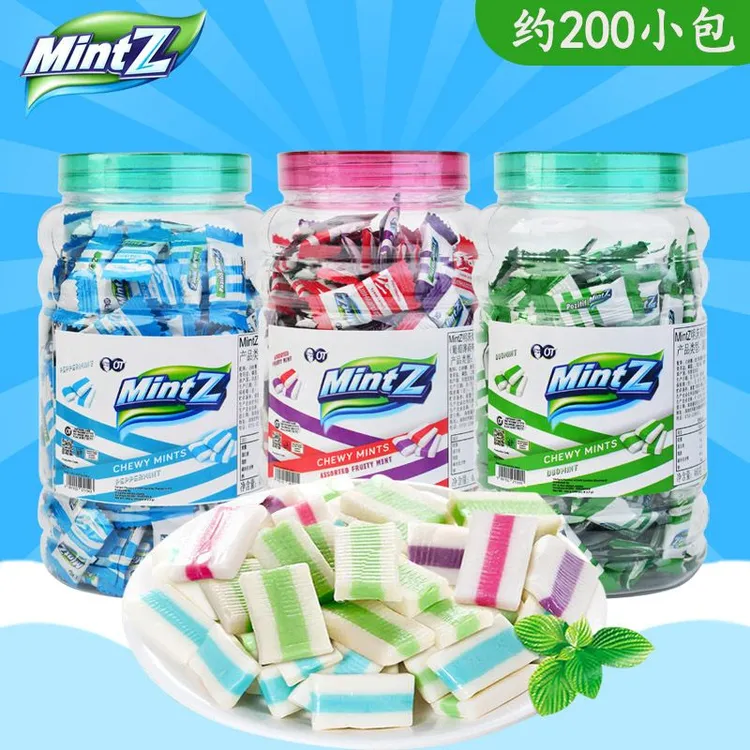 印尼进口Mintz明茨薄荷味软糖综合水果双重清凉夹心糖桶装460g