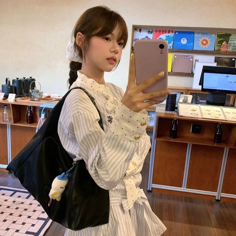 蝴蝶结条纹刺绣长袖连衣裙女2025秋季新款设计感收腰显瘦字短裙