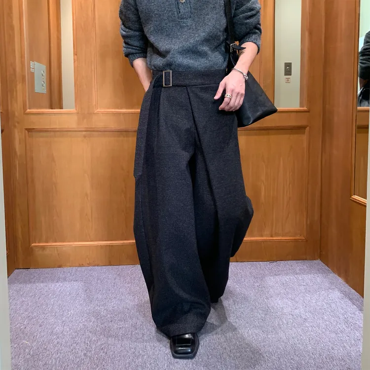 一轩轩轩【长夜将至】秋冬设计感加厚男款装饰腰带加绒休闲裤25341