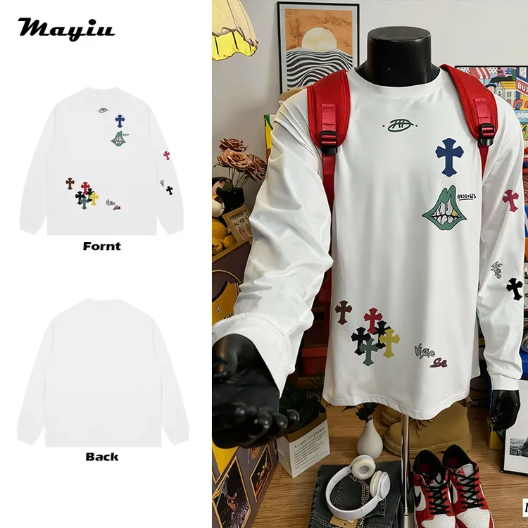 十字架MAY美式潮牌秋季嘻哈复古印花圆领T恤男女短袖上衣