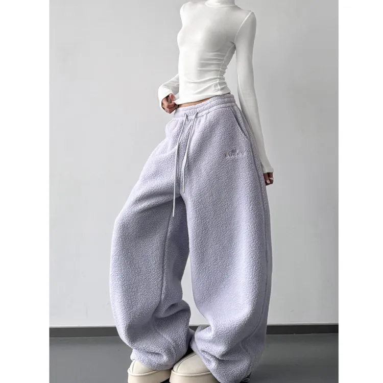 紫色摇粒绒裤子女2025冬季新款加绒加厚休闲宽松保暖休闲加长裤子
