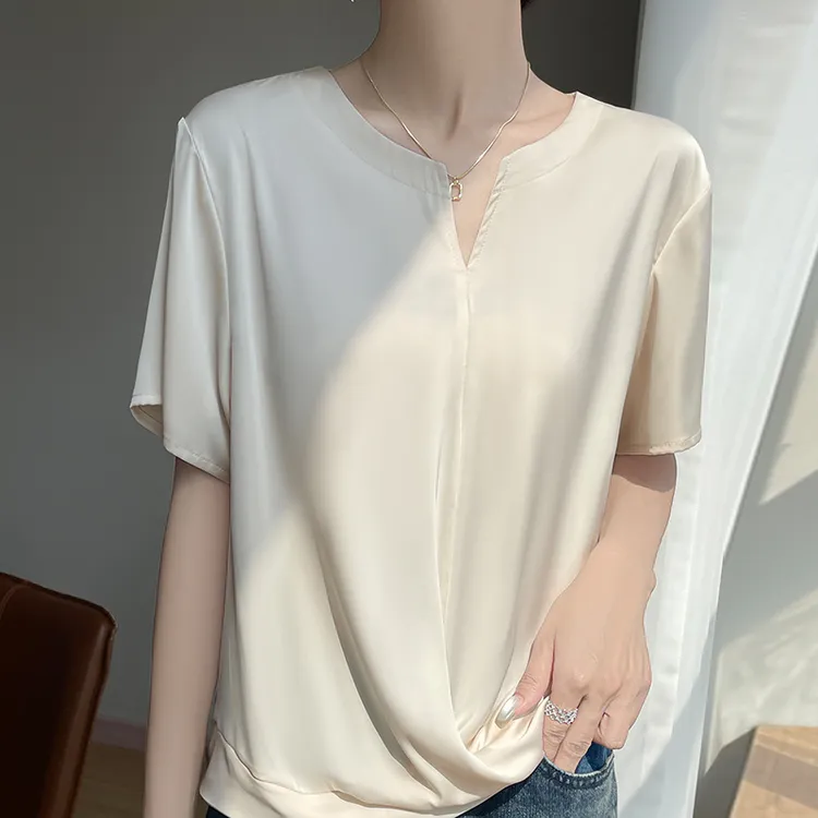 夏季缎面圆领短袖t恤女套头宽松显瘦洋气气质百搭打底衫褶皱设计