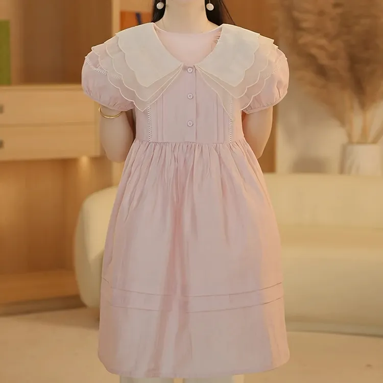 女童泡泡袖连衣裙2025夏款中大童娃娃领花边翻领公主裙海边沙滩裙