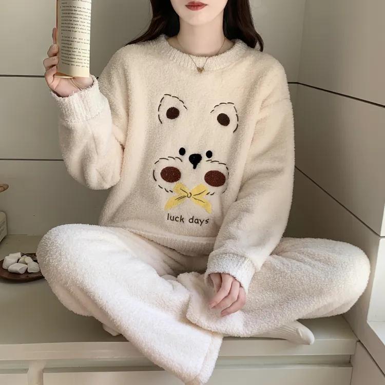 半边绒家居服女款爆款2025新款加厚加绒冬季睡衣可外穿珊瑚绒套装