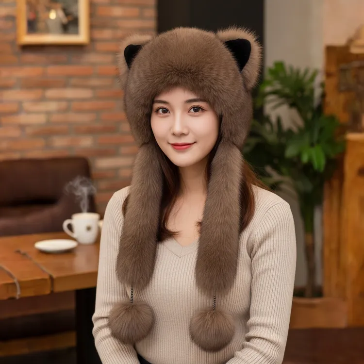 可爱小熊真狐狸毛围巾一体风雪帽女两用皮草帽子户外保暖围脖连帽