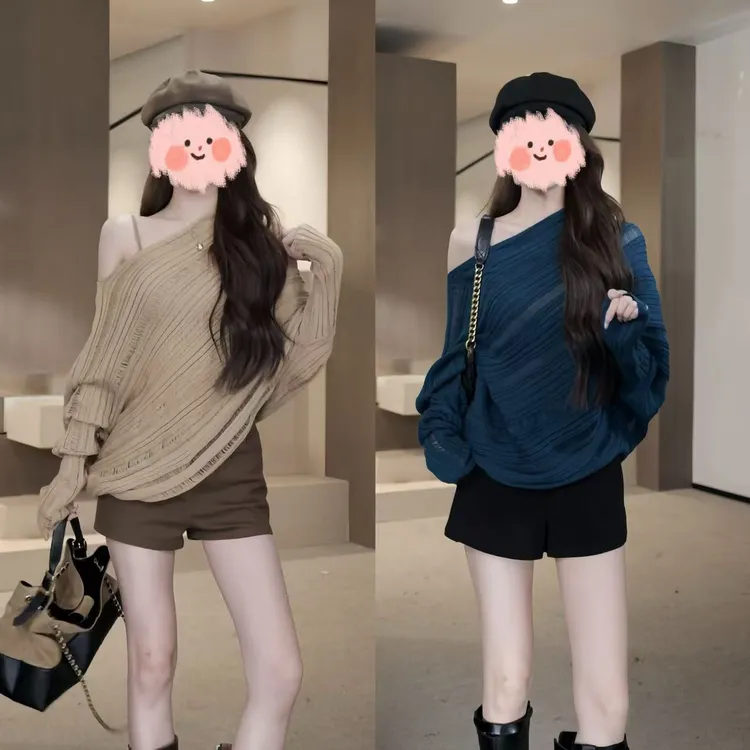 2025早秋新款时尚气质圆领套头斜肩长袖上衣百搭显瘦A字短裤套装