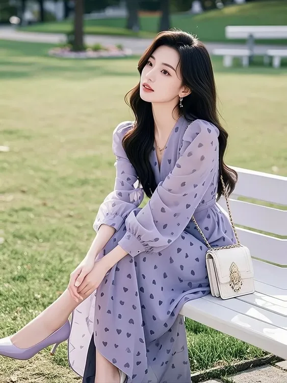 SS946新款女装法式高级感小香风海边度假紫色碎花收腰连衣裙