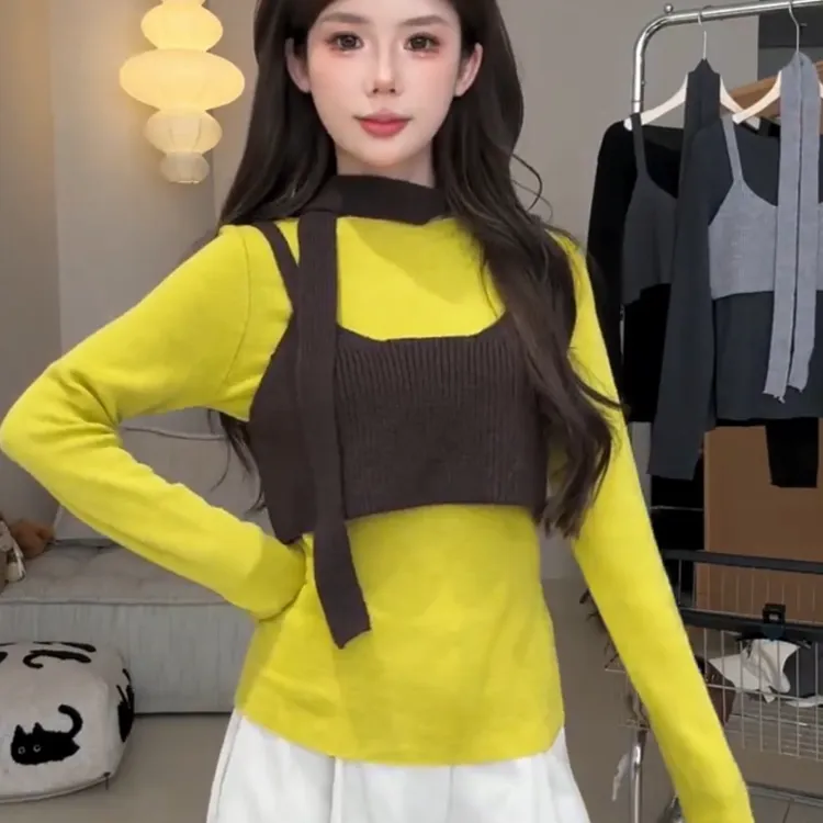韩版设计感休闲风毛针织衫女秋季2025新款T恤背心飘带三件套上衣
