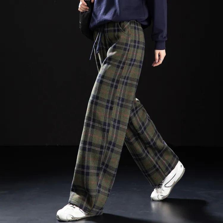 绿色格子裤加绒毛呢裤休闲裤子秋冬季2025新款小个子松紧腰弯刀裤