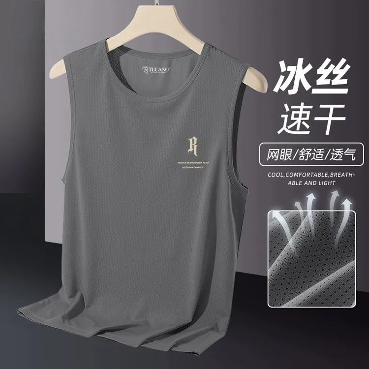 男士背心夏季薄冰丝速干男潮牌宽松大码健身运动坎肩跑步无袖t恤