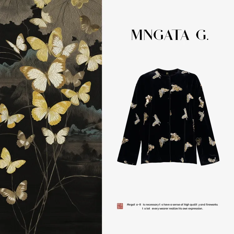 MNGATA G.宫小妍【真丝·秋蝶子墨】琥珀流光早秋新中式外套5052660