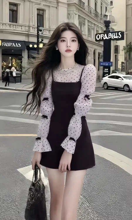 夏季新款波点圆领修身长袖收腰设计感连衣裙女时尚显瘦气质女装