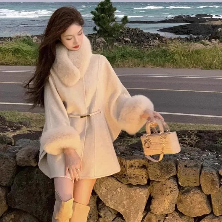 初雪月光狐毛领双面羊毛大衣20254秋冬女式新款高端羊毛夹克