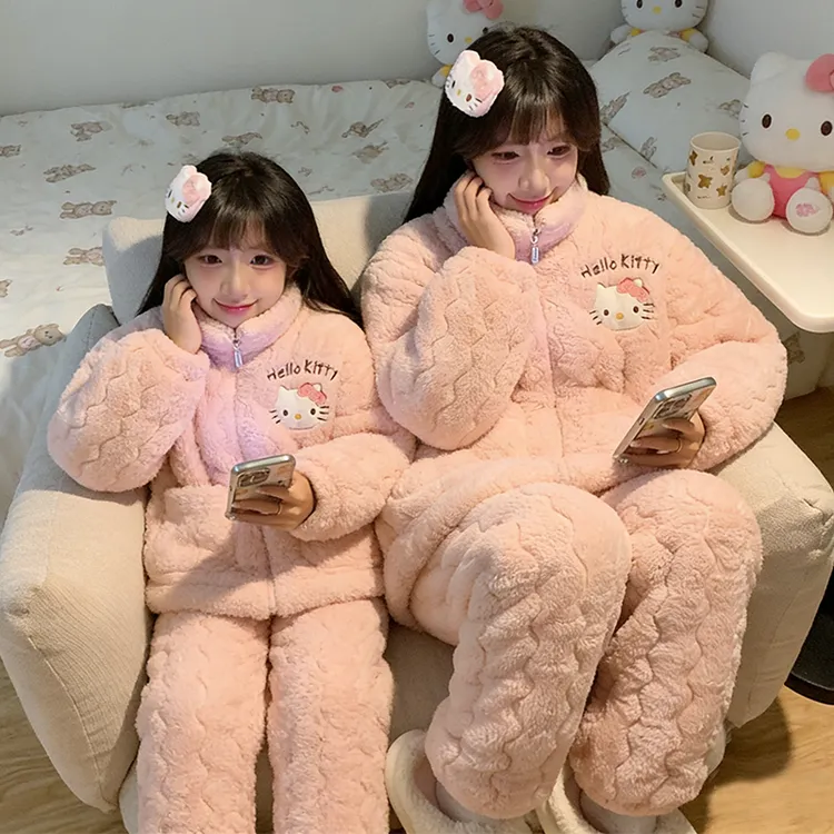 亲子冬季儿童睡衣加绒加厚三层夹棉袄卡通公主风女童珊瑚绒家居服
