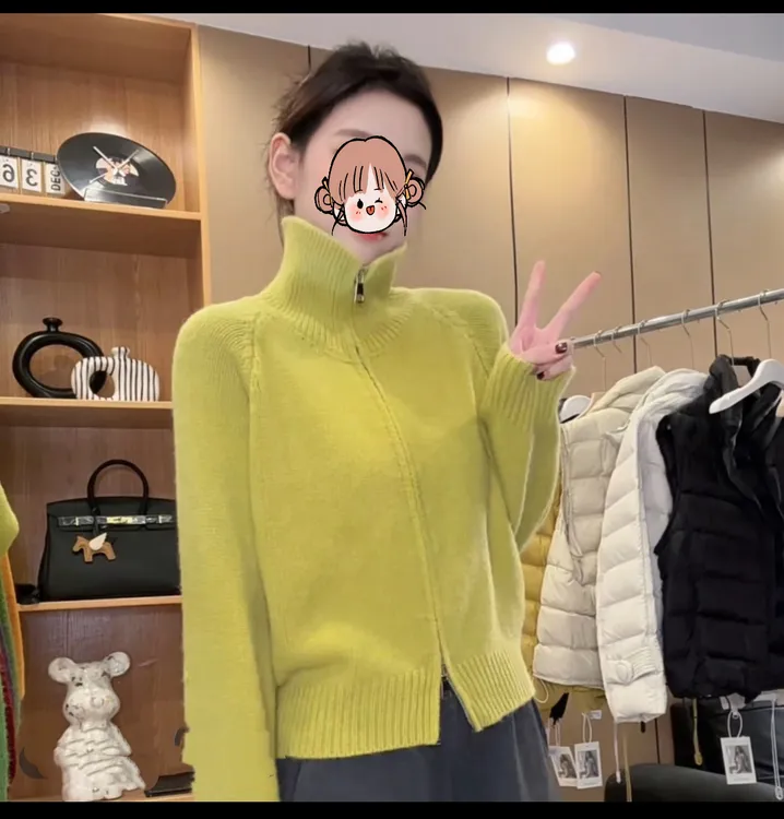 2025慵懒风毛衣外套女秋冬新款韩系简约宽松立领拉链针织开衫上衣