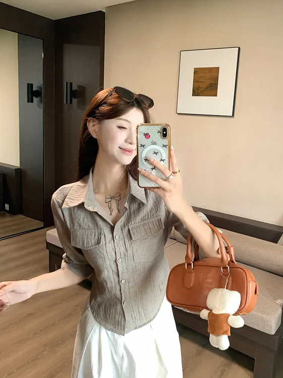 夏季收腰中袖系带衬衫