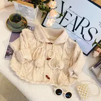 T3【悦禾】韩版童装女童针织开衫毛衣新款洋气手工钩花翻领毛衣7064