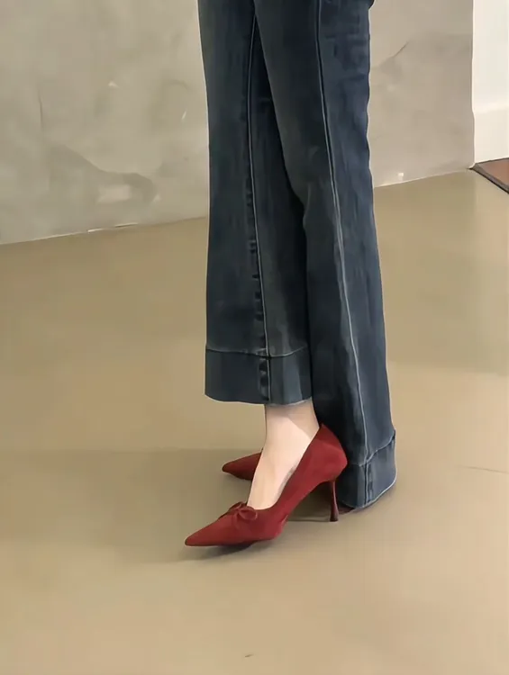 羊皮版~红色真皮气质高跟鞋女春秋新款细跟尖头蝴蝶结浅口单鞋