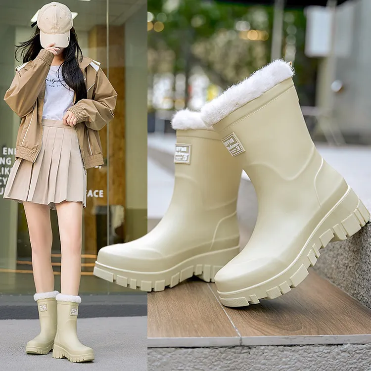 女款冬季加绒加厚雨鞋英伦防水雨靴女中筒水鞋防滑耐磨保暖外穿