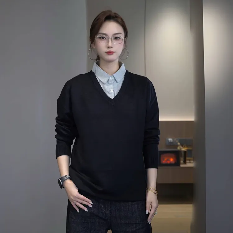 保暖针织毛衣V领假两件针织衫修身男女士老钱风百搭纯色秋冬长袖