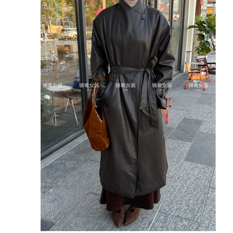 冬季新款2025加绒加厚宽松版立领收腰百搭中长款皮衣外套#2520